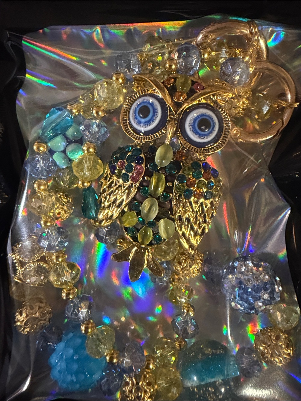 Gold Multicolor Crystal Owl Keychain Charm - Women Accessories